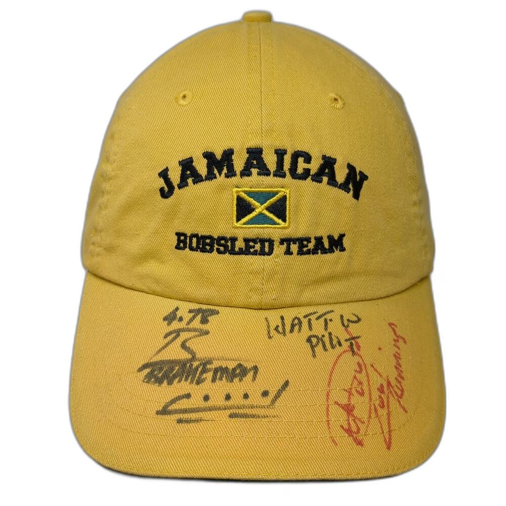 KC Caps Jamaican Bobsled Team Autographed Yellow Baseball Cap OSFM Signed Hat